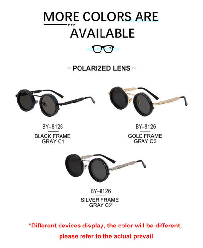Retro Round Steampunk Polarized Sunglasses – BY-8126 Vintage Metal Frame UV400 Shades for Men & Women