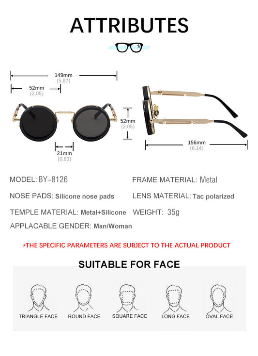 Retro Round Steampunk Polarized Sunglasses – BY-8126 Vintage Metal Frame UV400 Shades for Men & Women